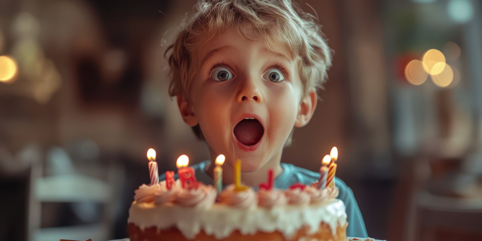 Young child celebrates birthday with surprised expression while looking at colorful cake with lit candles